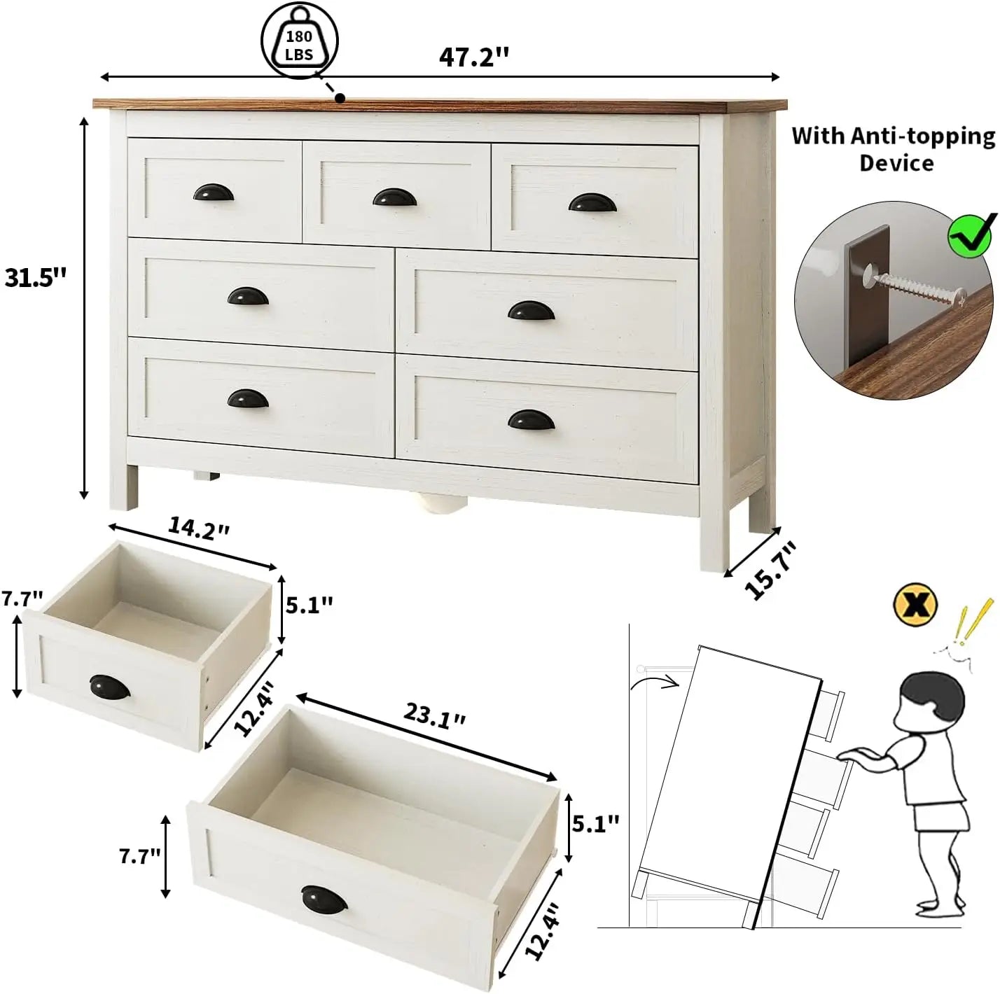 Farmhouse White Dresser for Bedroom, Wide Wood Dressers & Chests of Drawers with Vintage Black Handle, 7 Drawer Dresser