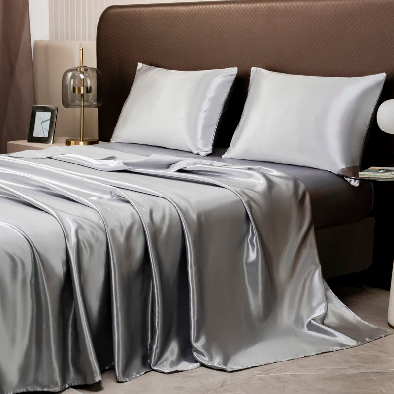 Opulent Solid Color Satin Bedding Set,Includes Flat Sheet, Fitted Sheet, Pillowcases,Luxury Linens for a Royal Sleep Experience