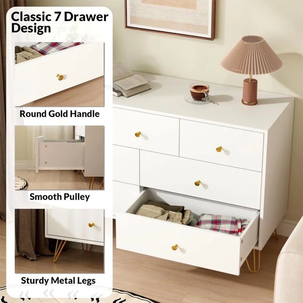 White Dresser for Bedroom, Modern 7 Drawer Dresser with Gold Handles and Metal Legs, White and Gold Dressers & Chest of Drawers