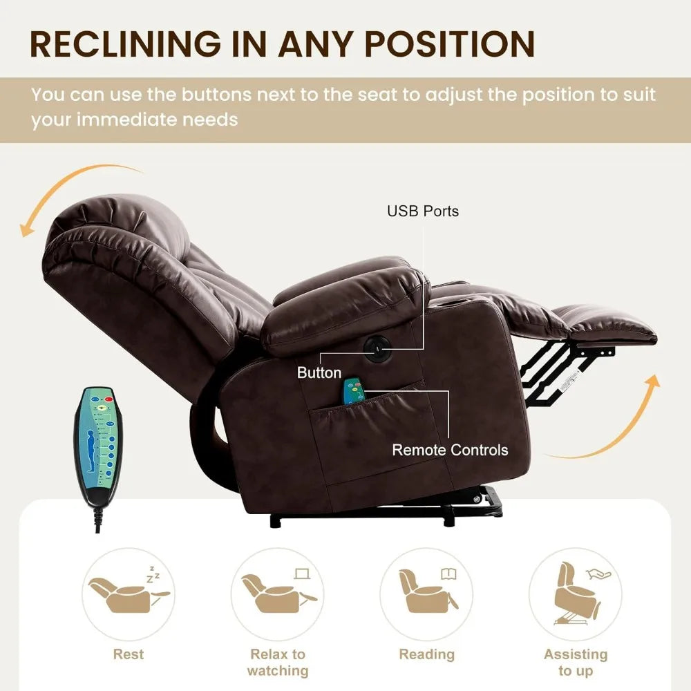 Power Lift Recliner Chair for Elderly with Massage and Heat, Breathable Leather Recliner Chair for Adults, 2 Cup Holder,USBPorts