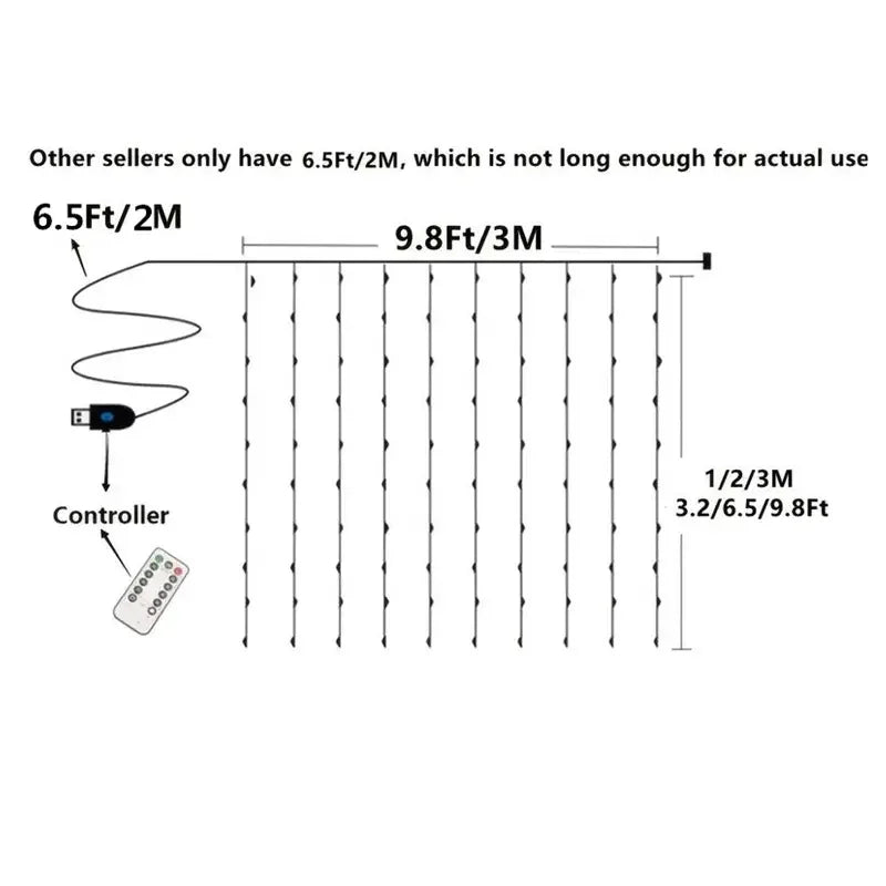 Remote Control 300 Led Curtain String – 3X3M, 8 Modes for Ramadan and Holiday Decor (White)