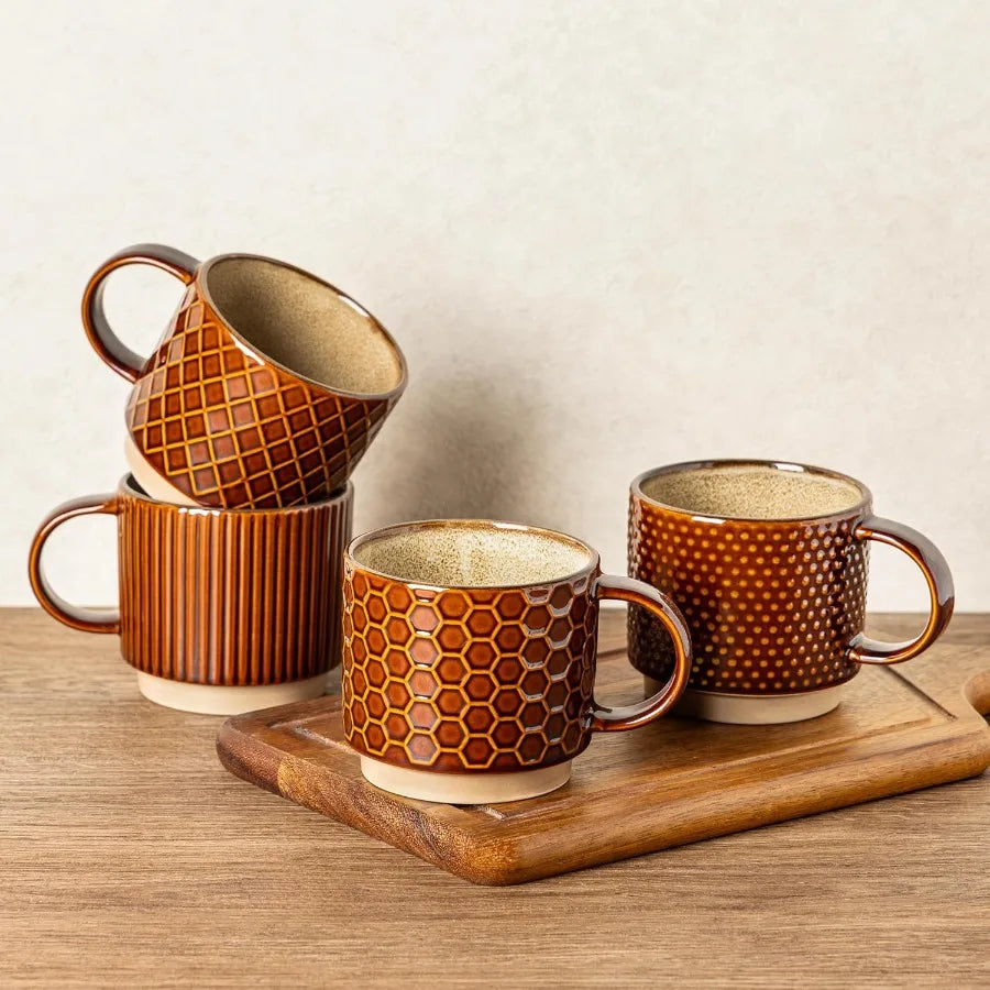 Modern Stackable Ceramic Coffee Mugs Set of 4 with Textured Patterns for Everyday Use in Home or Office Ideal for Serving Latte