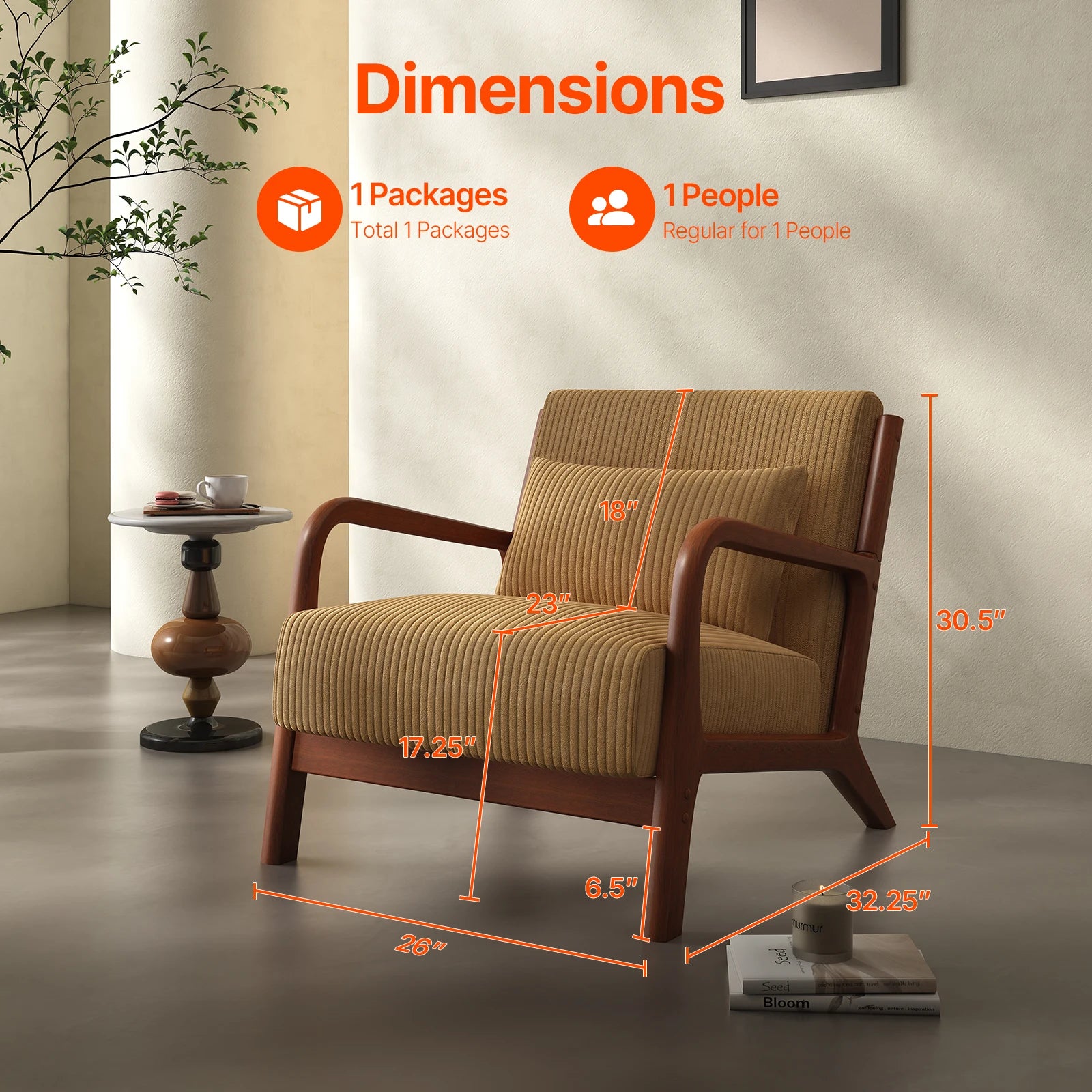 Mid-Century Modern Accent Chair – Fabric Reading Chair with Solid Wood Frame