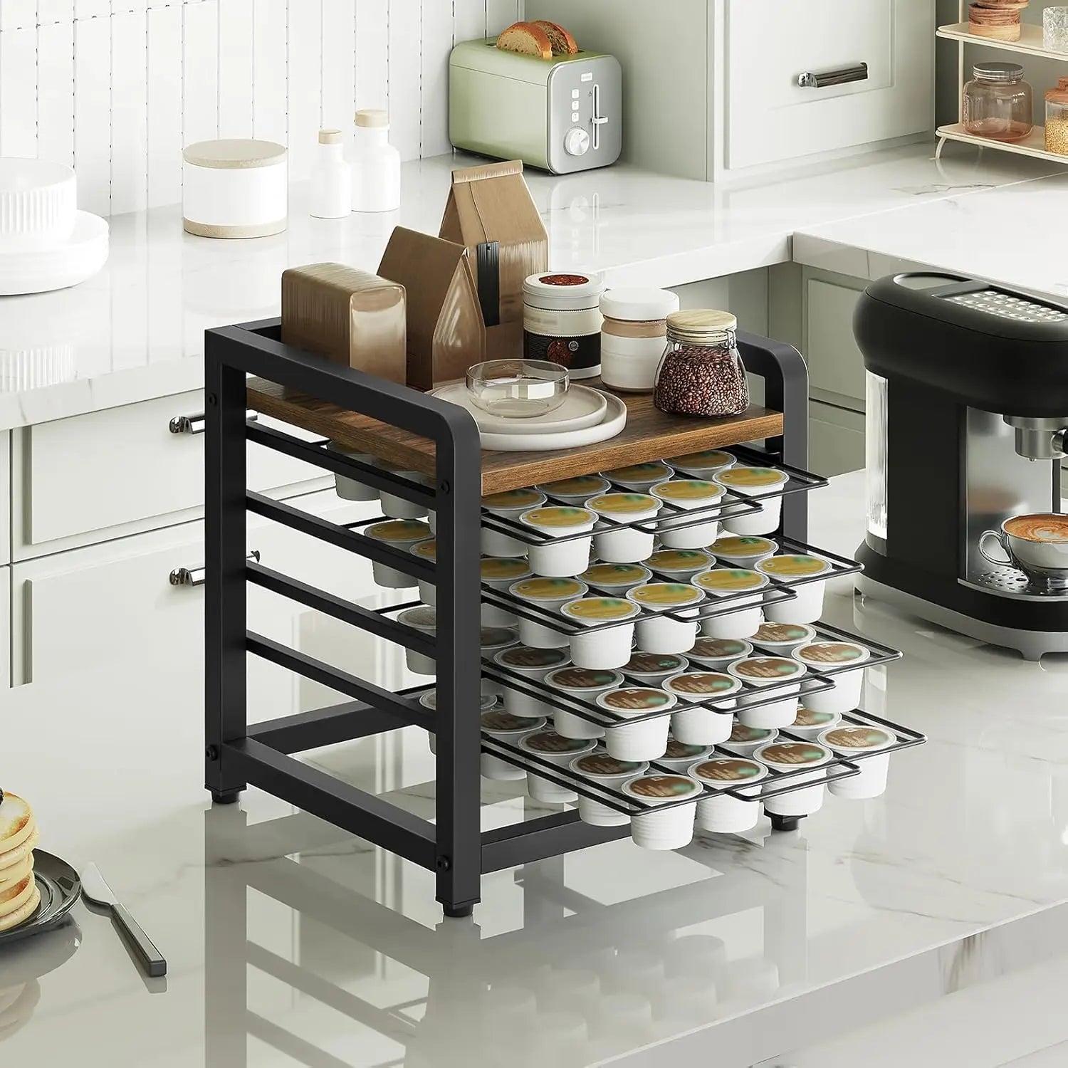 4-Tier Coffee Pod Drawer Holder – 80-Pod Rustic Brown Kitchen Organizer