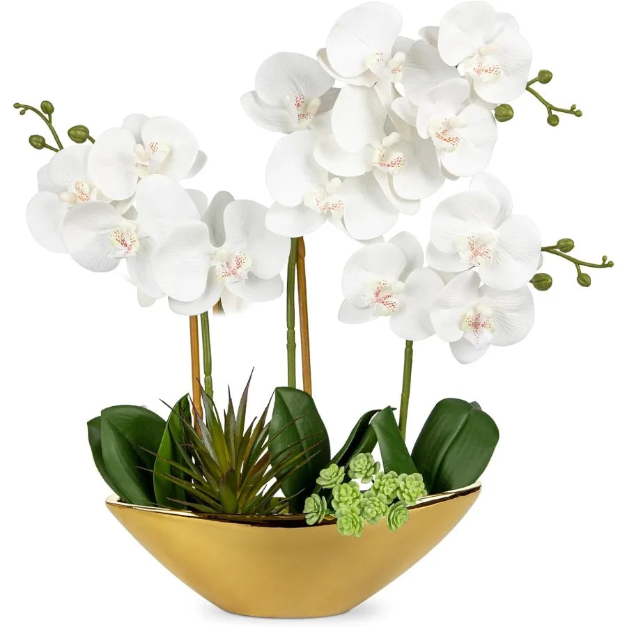 17inch White Fake Orchid Silk Flowers with Gold Ceramic Pot Faux Orchid Arrangement for Home Office Room Coffee Table Centerpie