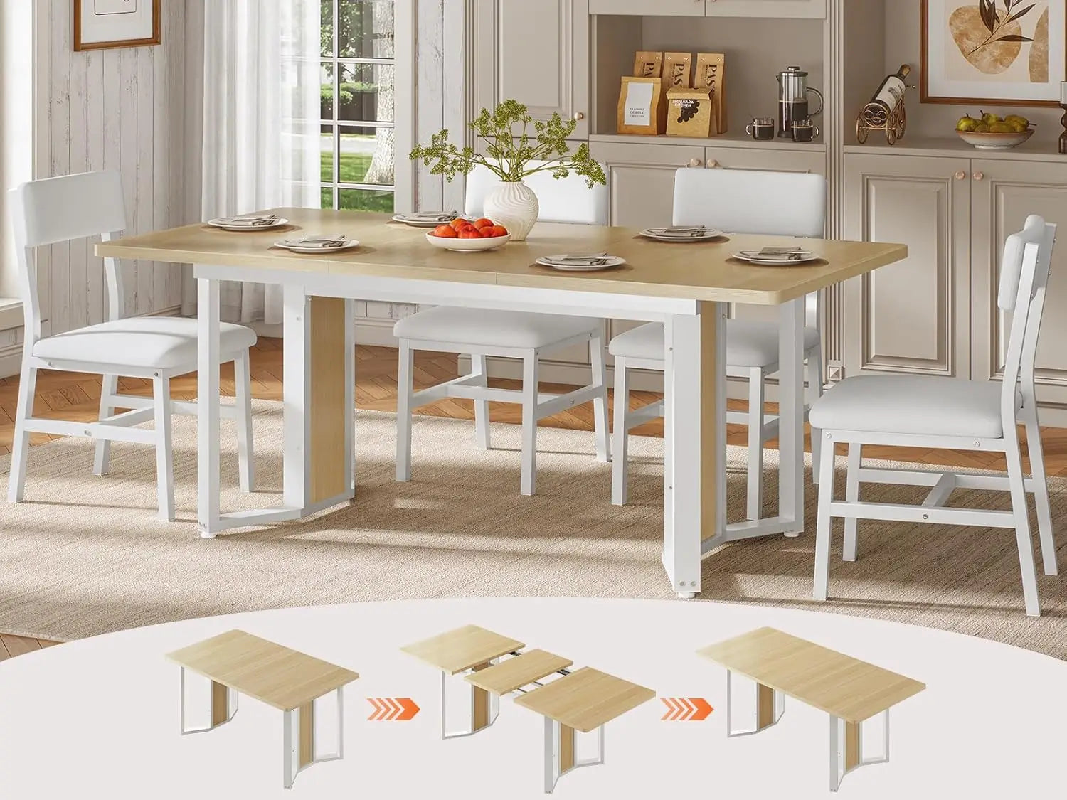 5-Piece Dining Table Set for 4-6 People, 63" Extendable Kitchen Table and 4 Cushion Chairs, Dining Room Table with MDF Boa