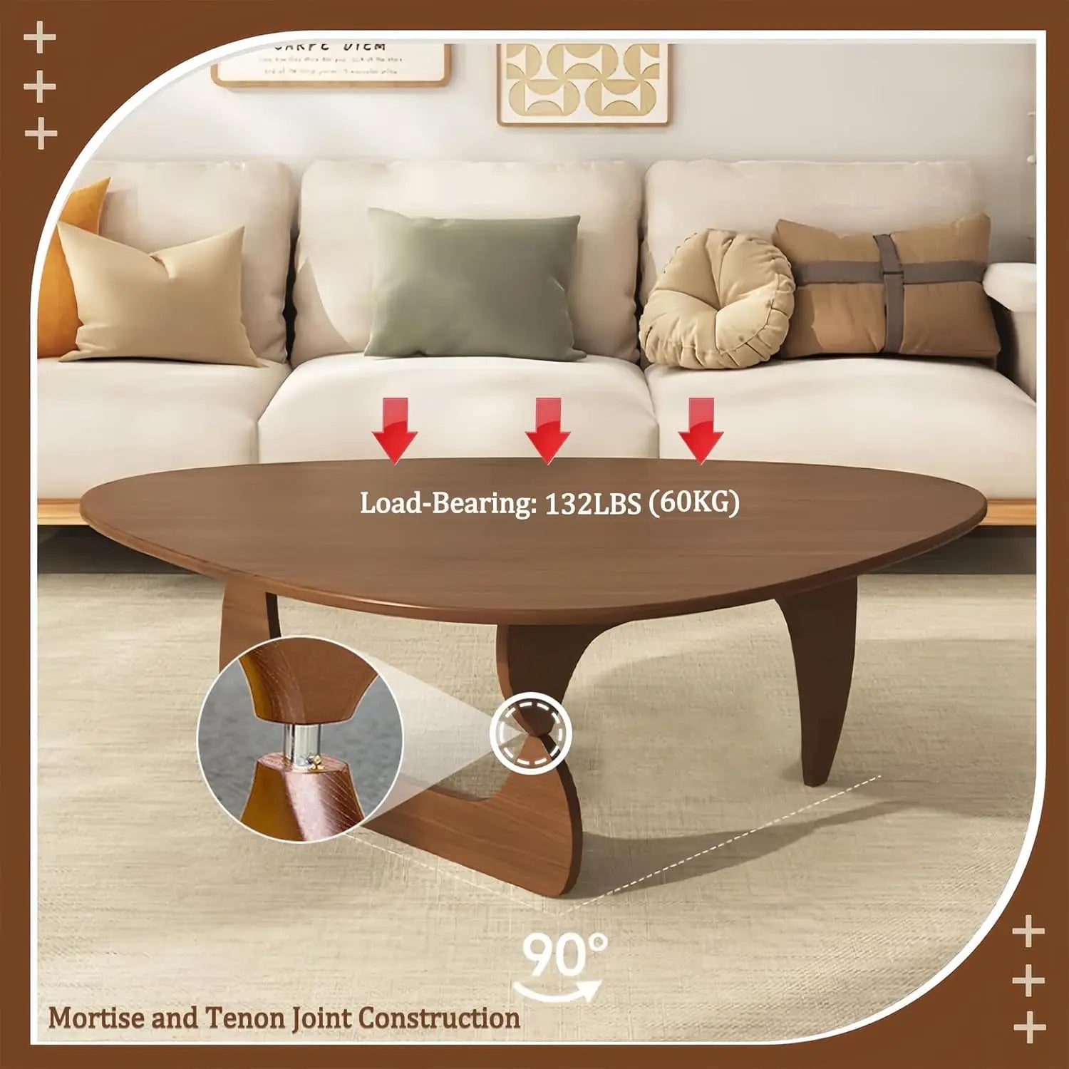 Mid-Century Modern Triangle Coffee Table – Rustic Center Table with Solid Wood Legs