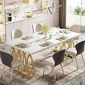 Modern Dining Table for 4-6 People, 63" Large Rectangular Kitchen Table with Faux Marble Tabletop and Gold Geometric Legs, Uniq