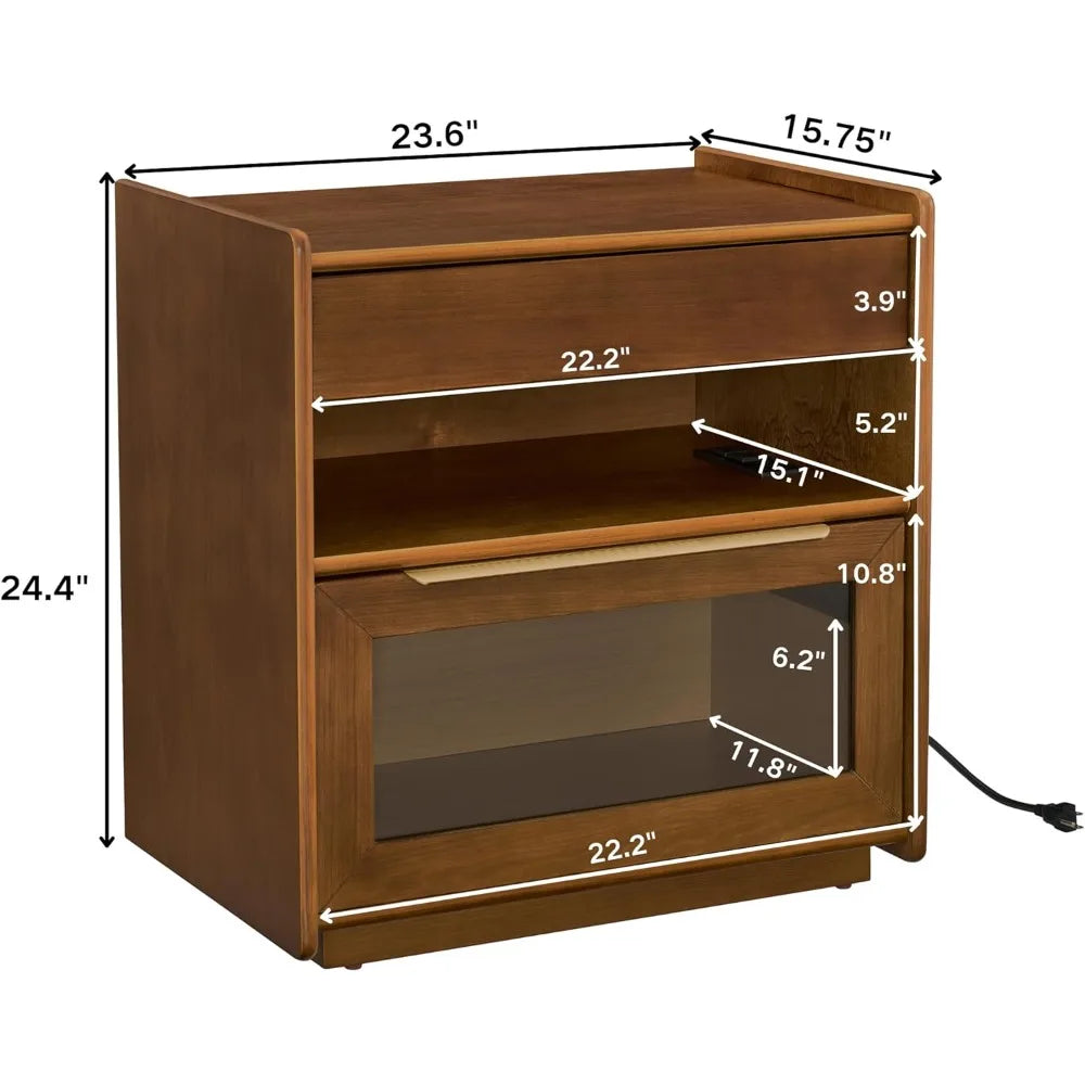 Mid-Century Modern Nightstand with Integrated Charger Station and Outlet Access, Glass-Front Drawers Wood Side Table for Bedroom