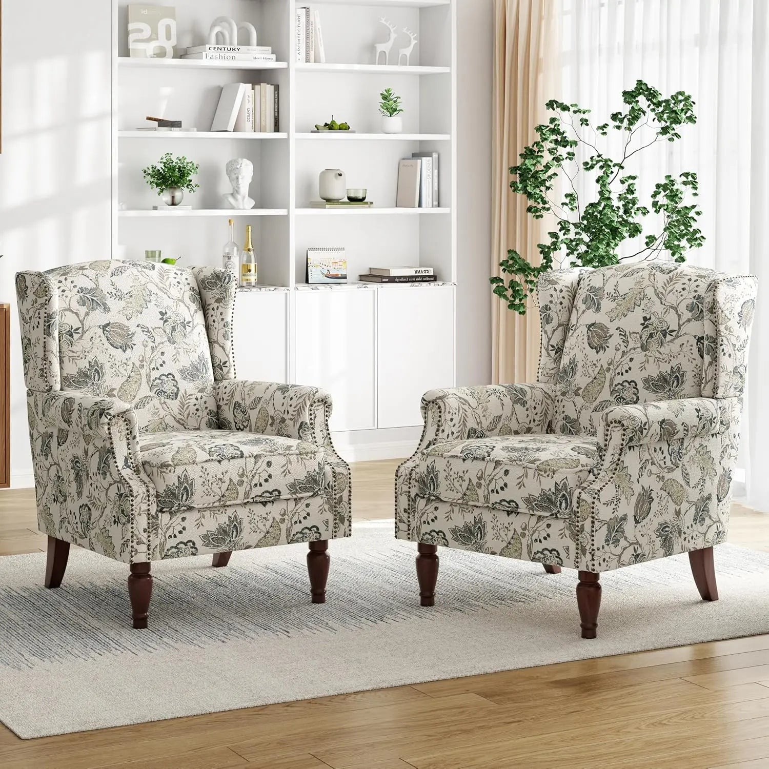 Floral Accent Chairs – Set of 2 High-Back Retro Wingback Armchairs