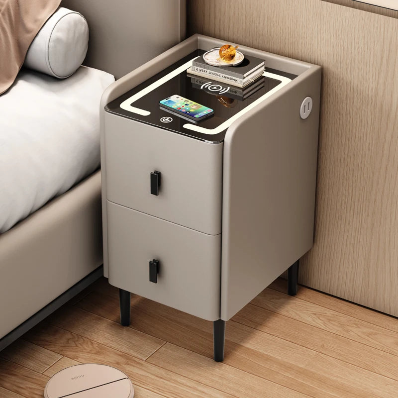 Ultra Narrow Smart Nightstand Luxury Bedside Table Minimalist Solid Wood Storage Cabinet Compact Bedroom Organizer with Charging