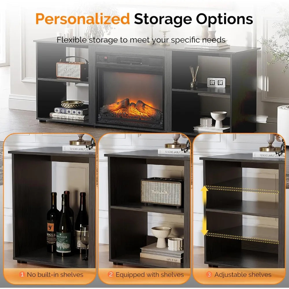 Fireplace TV Stand for up to 70 inch TVs, Modern Entertainment Center with Electric Fireplace Heater & Two Open Adjustabl