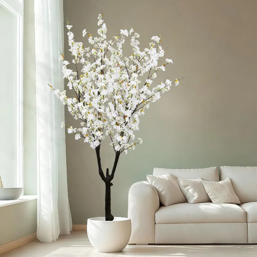 6ft 74in Tall Faux White Cherry Blossom Tree with Realistic Silk Flowers in Pot for Indoor and Outdoor Home Decor Perfect for W