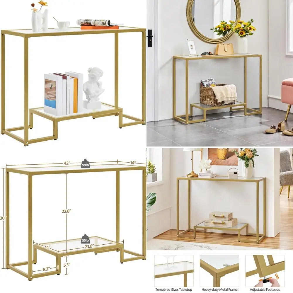 42 Inch Console Table with Tempered Glass, Narrow Entryway Sofa Table, 2-Tier Hallway Table, Ideal for Entrance Stands and Livin
