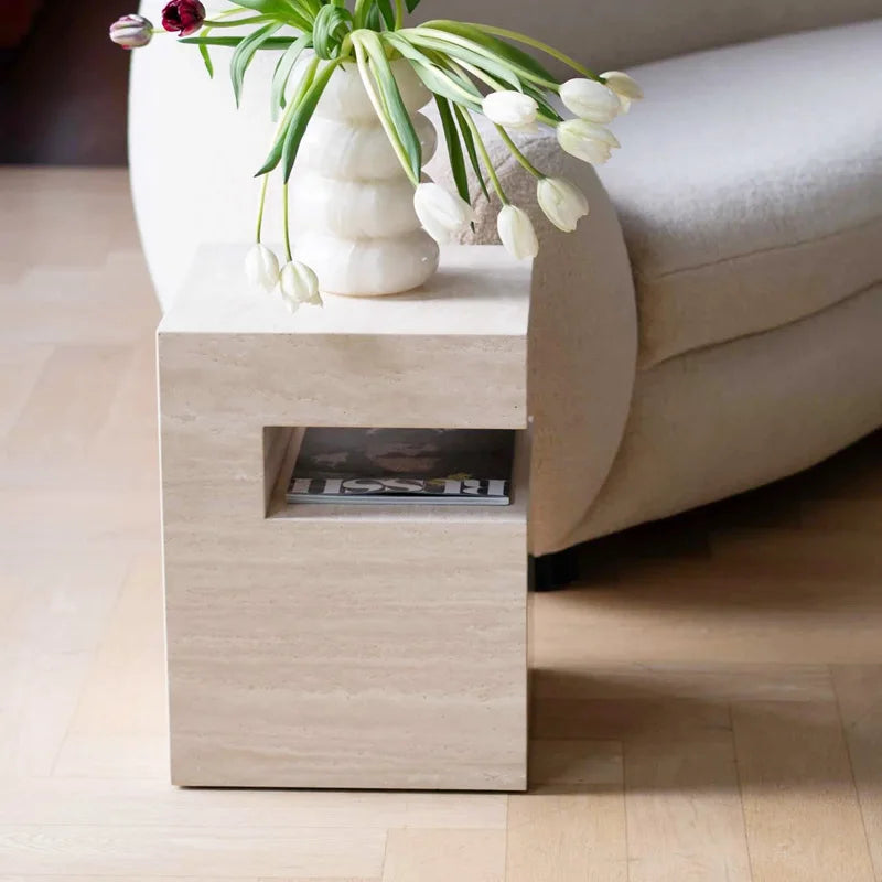 37x37x50CM Rosso Levanto Travertine Vintage Marble Side Table Nighstand Handmade Solid Natural Stone Coffee Table Desk