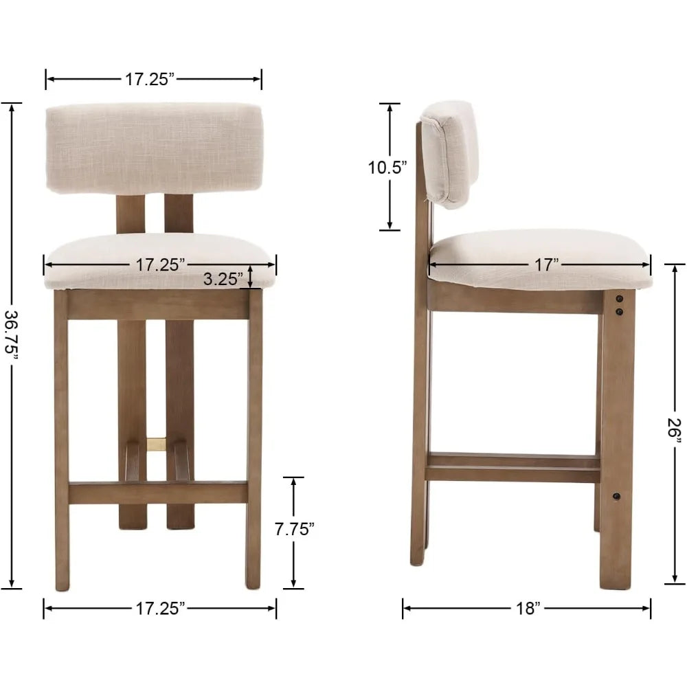 26″ Counter-Height Bar Stools – Linen Upholstered with Back & Solid Wood Legs (Set of 2)
