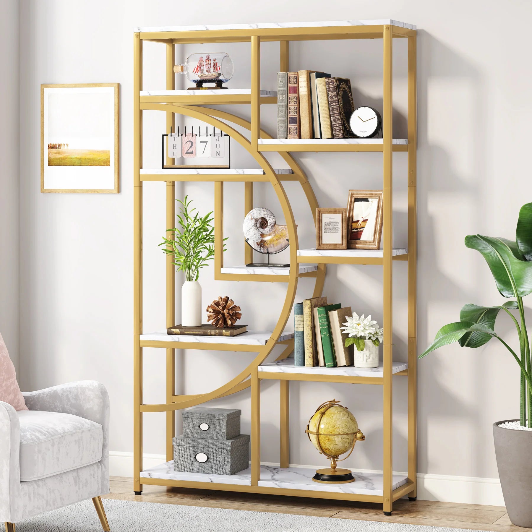 Tribesigns Gold 8-Open Shelf Étagère Bookcase with Faux Marble – Modern Display Bookshelf
