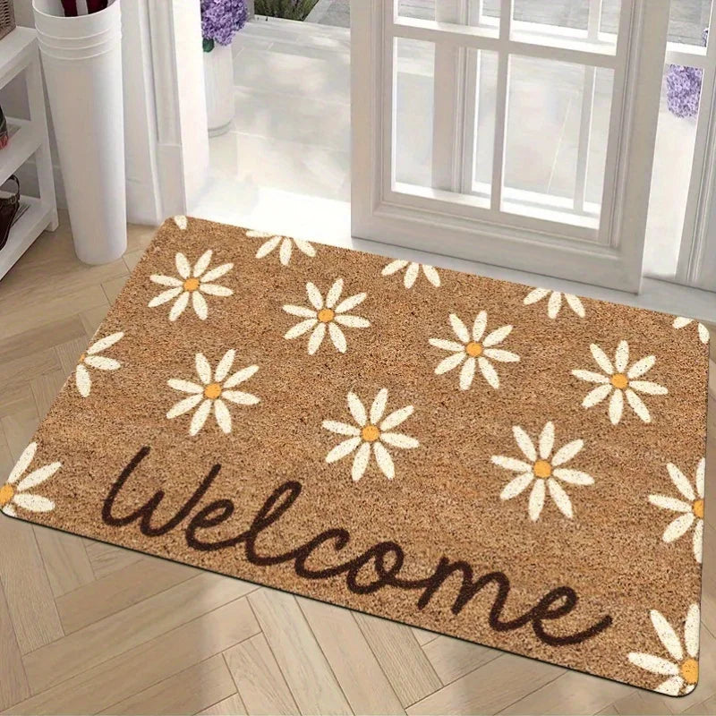 1pc Daisy Welcome Mat, Made of Gold Diamond Plush Material, Machine Washable, Suitable for Front Door, Porch -Floral Pattern Mat