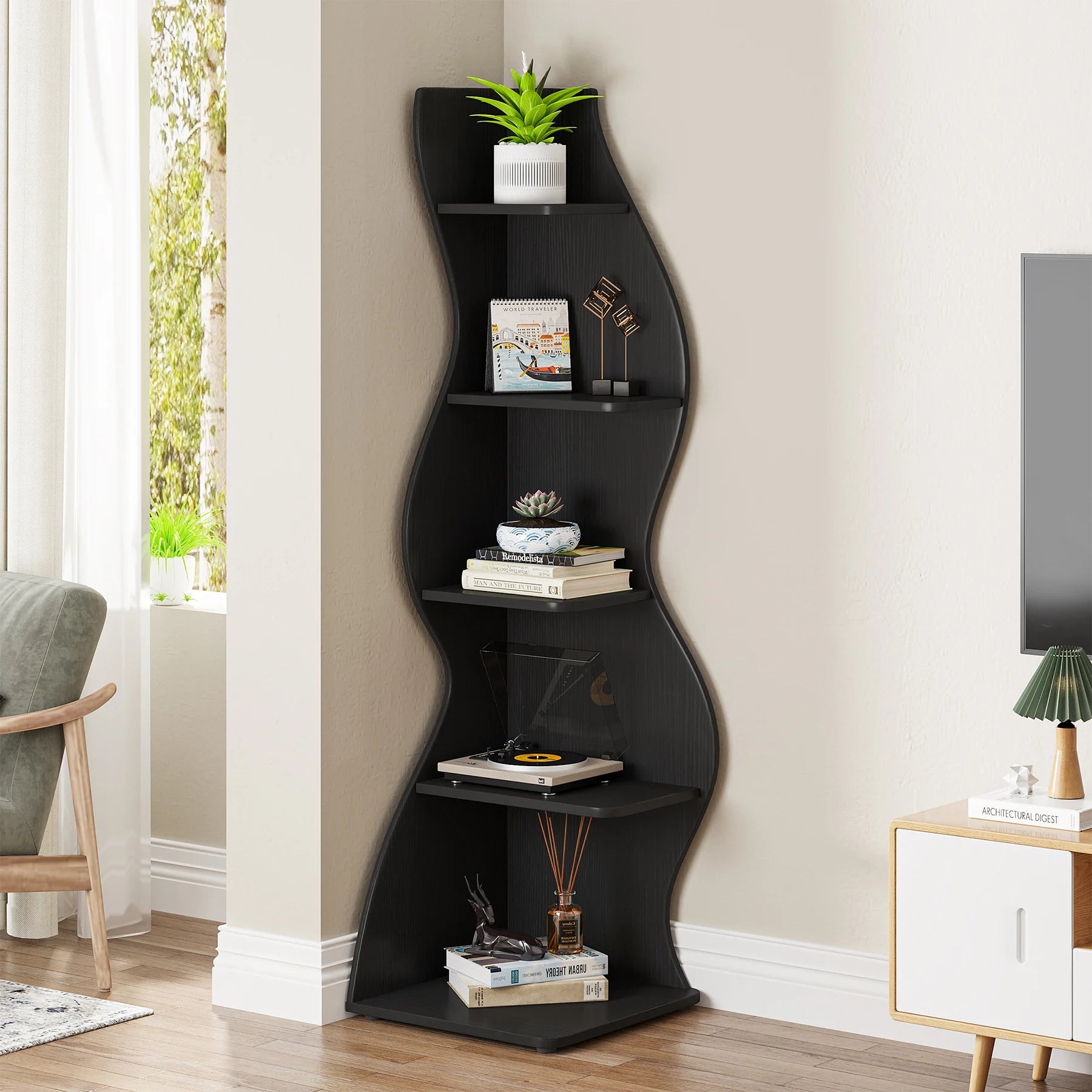 Tribesigns Modern 5-Tier Corner Bookshelf – Wall Corner Storage Rack & Plant Stand