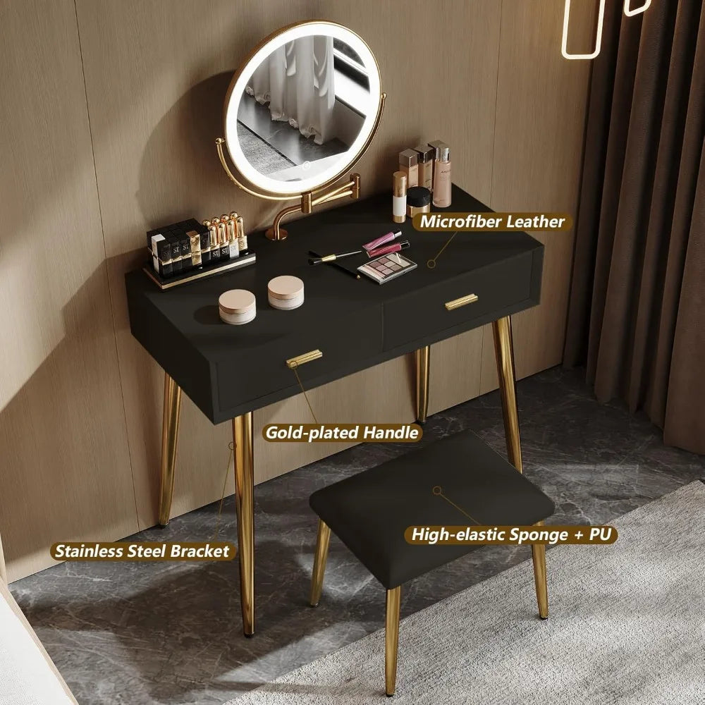 Makeup Vanity Desk with Mirror and Lights, Small Vanity Table with 2 Drawers, Stool,Vanity Set for Bedroom with Microfiber