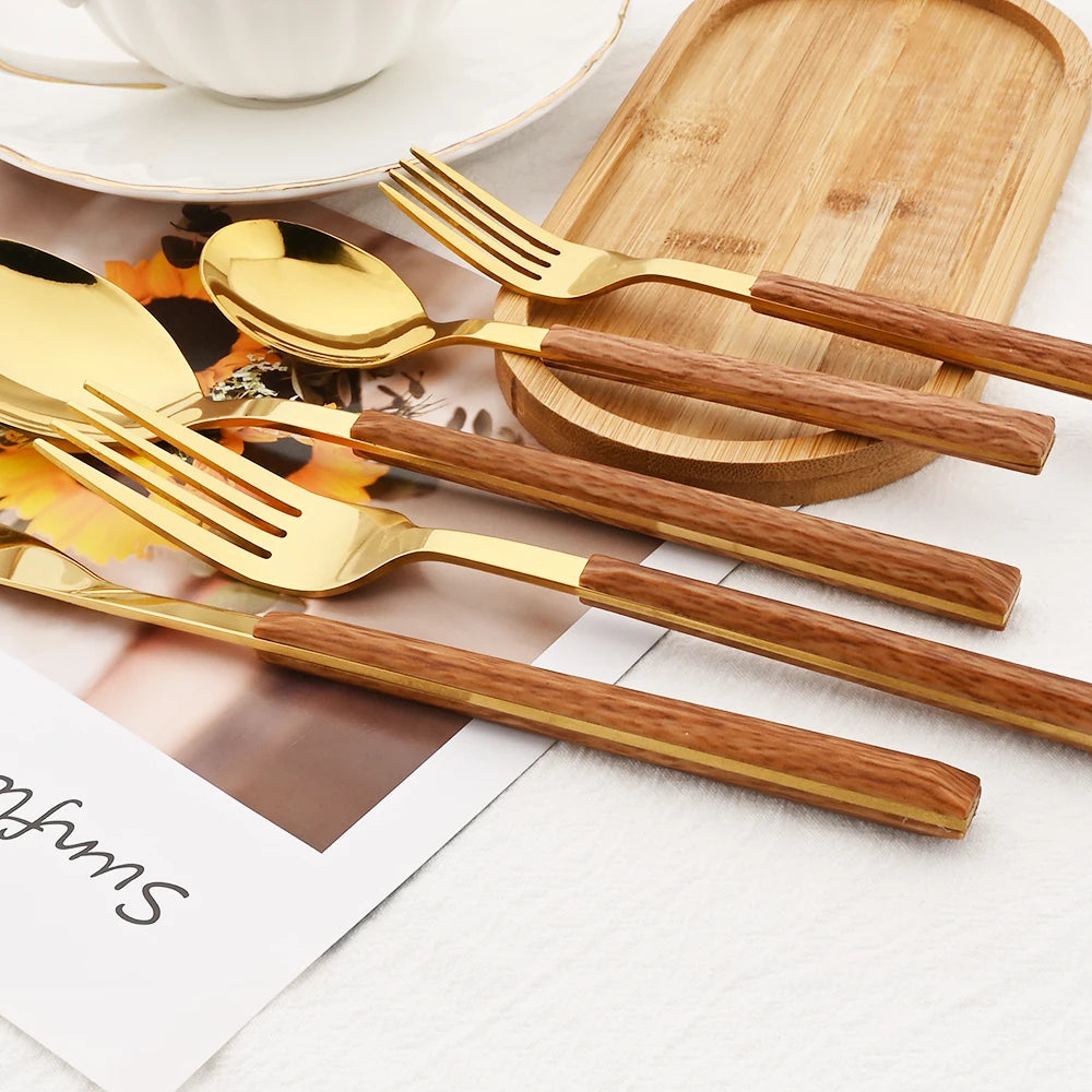 20Pcs Creative Rose Tableware Imitation Wood Handle Cutlery Set Knife Dessert Fork Spoon Dinnerware Set Stainless Steel Flatware