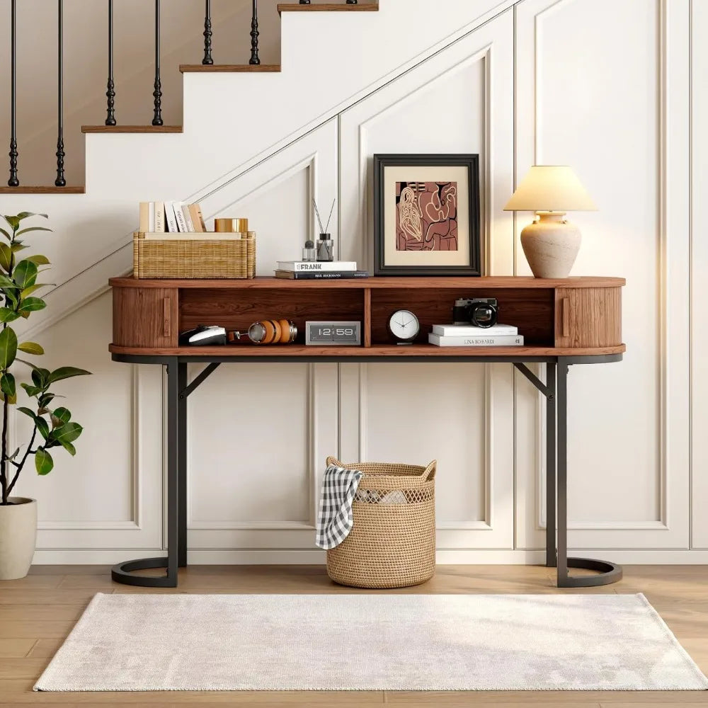 55 Inch Console Table with Sliding Door and 2 Drawers, Entryway Sofa Table with Metal Legs, Long Behind Couch Storage Furniture