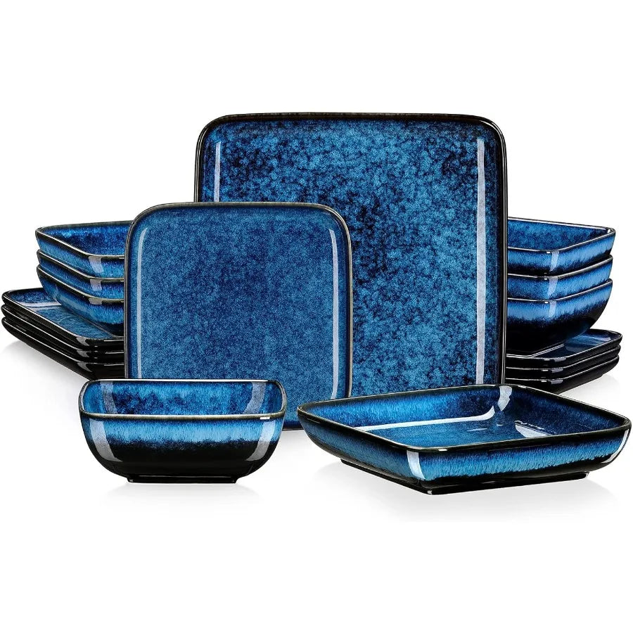 Stern Blue Dinnerware Set Square Tableware 16 Pieces Kitchen Dinnerware Stoneware Crockery Set with Dinner Plate Dessert Plate