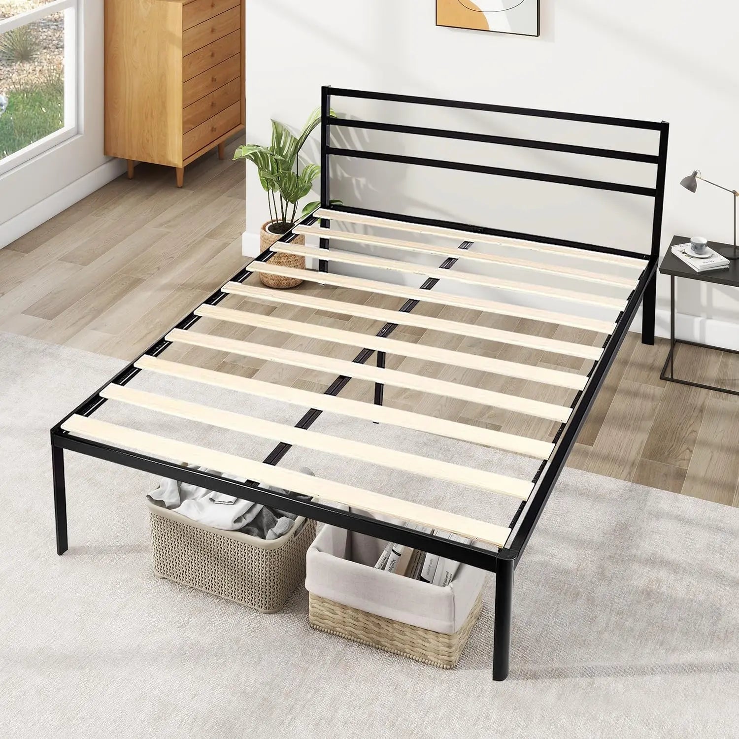 Full Size Metal Platform Bed Frame with Headboard – Noise-Free Wooden Slats & Non-Slip Foundation