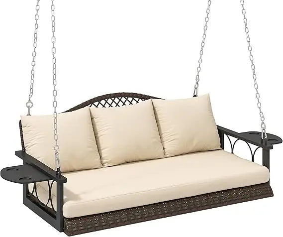 3 Person Wicker Porch Swing Chair Heavy Duty 800 LBS with Cup Holder, 57 Inch Outdoor Rattan Patio Hanging Swing Bench