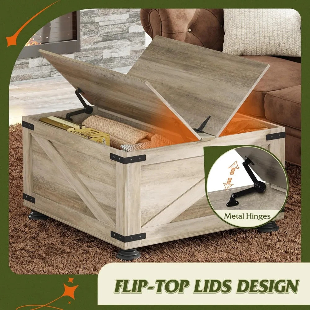 31.5” Farmhouse Square Coffee Table – Wood Center Table with Flip-Top Lids & Hidden Storage