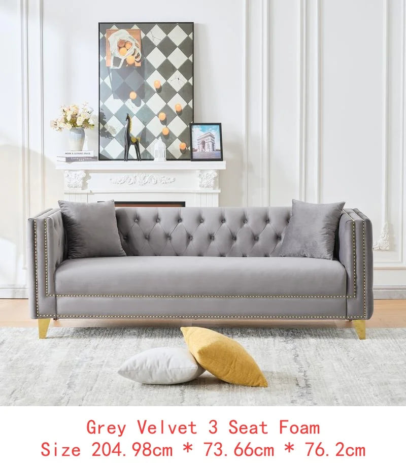 Modern Velvet 3-Seater Sofa with Deep Seat, Button Nailhead Design, Square Arm Couch for Living Room, Bedroom, Office, Beige