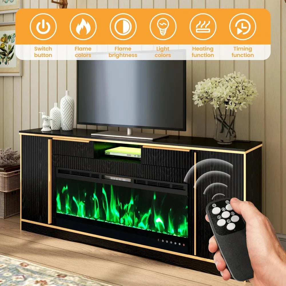 42" Electric Fireplace TV Console Stand for up to 80" TVs with Crystal Stone Colorful LED Lights Entertainment Center