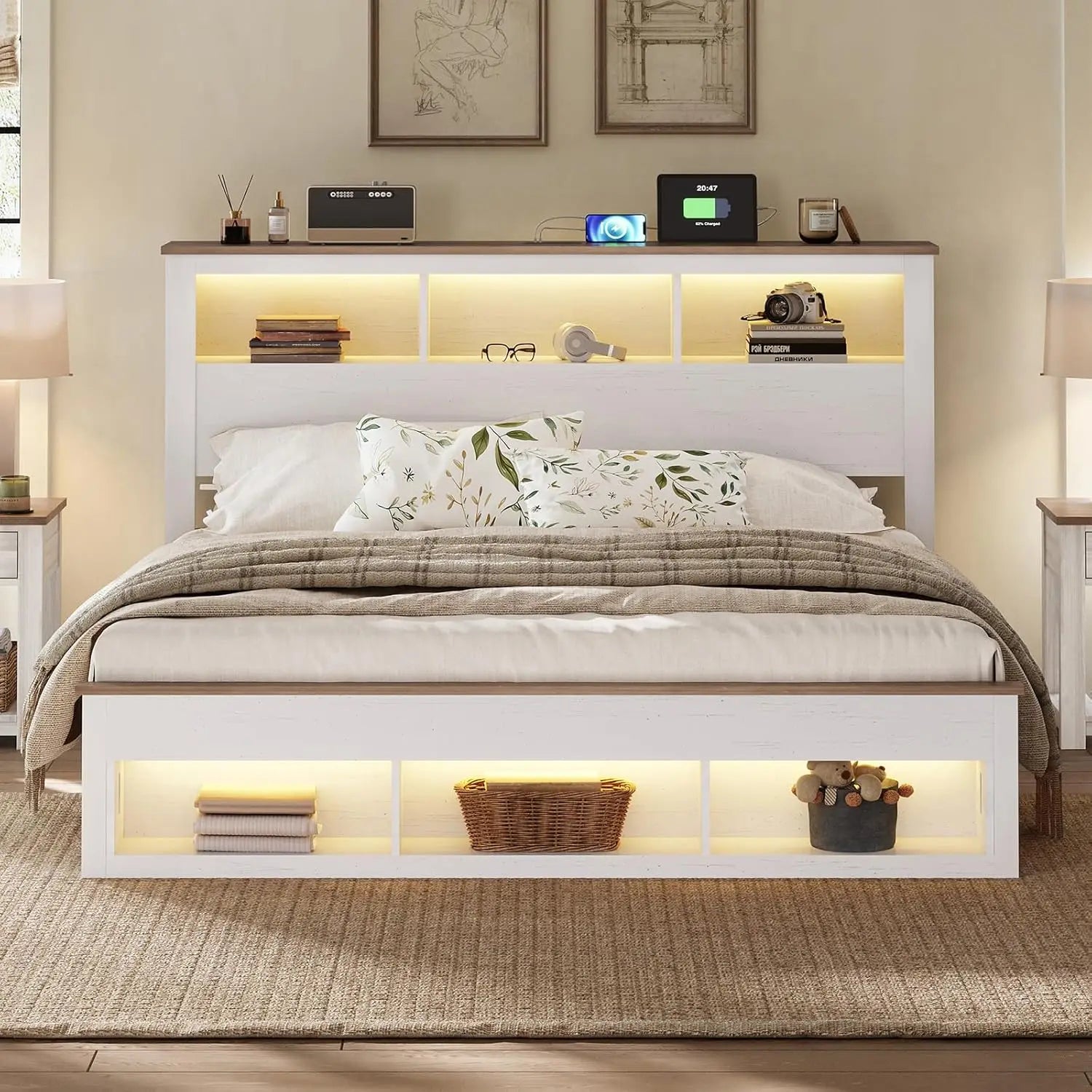 Farmhouse King Size Storage Platform Bed Frame – Bookcase Headboard & Footboard