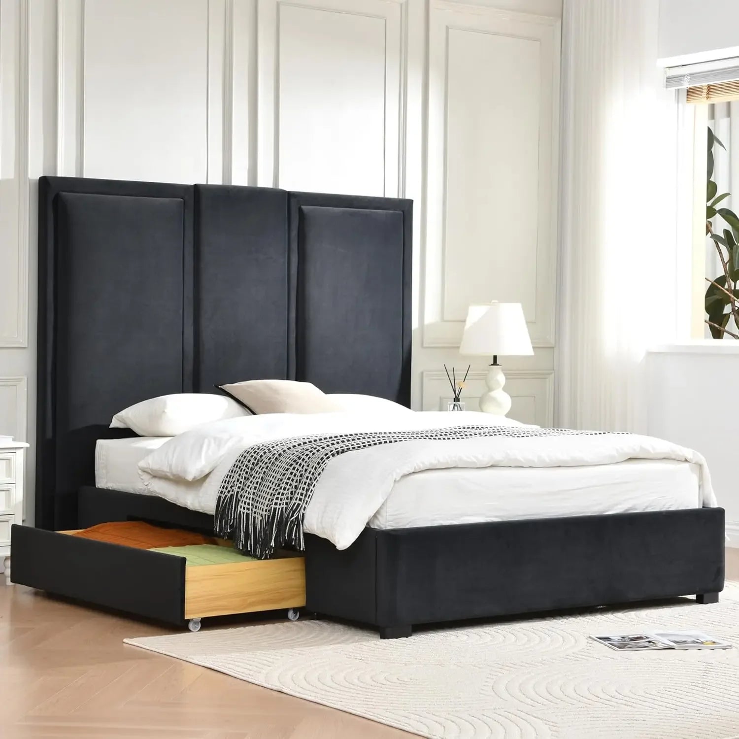 Queen Size Bed Frame Linen Upholstered Platform Bed with 64-inch High Headboard And Underbed Storage Drawers Simple Airey Design