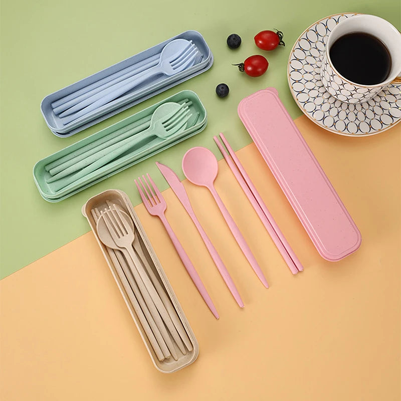 4Pcs Travel Cutlery Sets Portable Tableware Set With Box Chopsticks Fork Spoon Knife Wheat Straw Dinnerware Picnic Cutlery