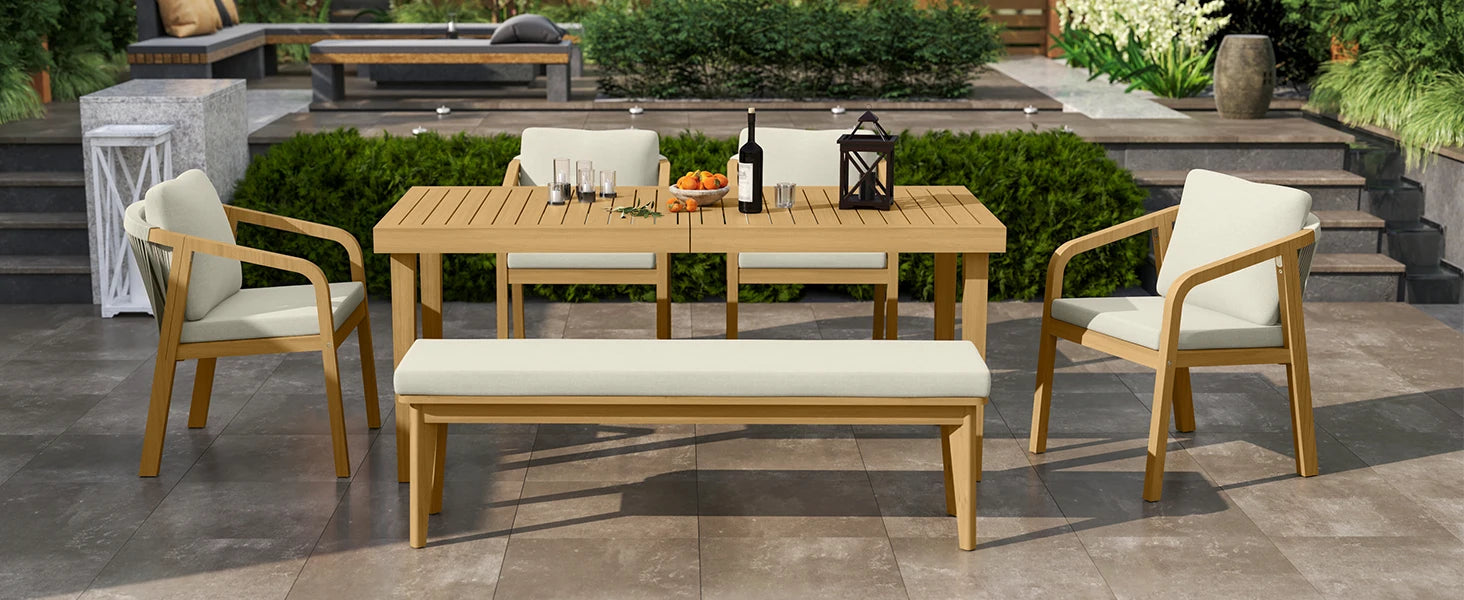 RoyalCraft Acacia Patio Dining Table, 6-Person Wood Picnic Table with Iron Leg, Outdoor Dining Furniture for Backyard Lawn