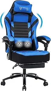Big & Tall Gaming Chair with Footrest, 400lb Capacity, Massage Feature, Memory Foam, Adjustable Tilt, High Back Leather, Ergono