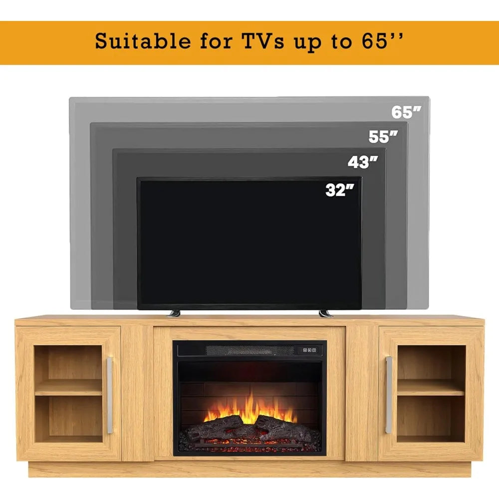 3D Fireplace TV Stand for TVs up to 80’’, Wooden Media Entertainment Center Table & TV Cabinets w/Storage Shelves & Barn Door