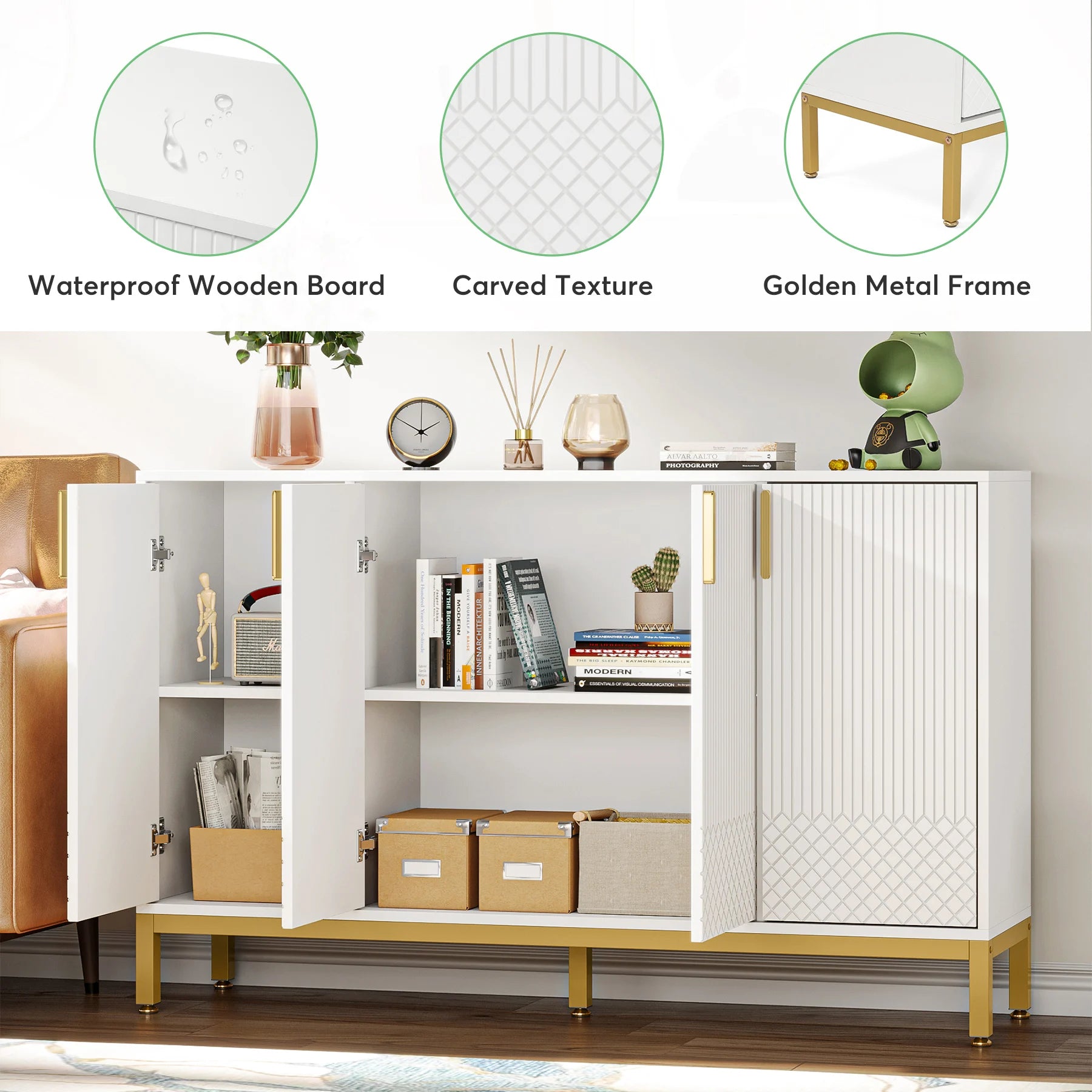 Tribesigns Modern Storage Cabinet, 59 Inch Console Cabinet Sideboard Buffet Cabinet with 4 Doors & Gold Metal Base