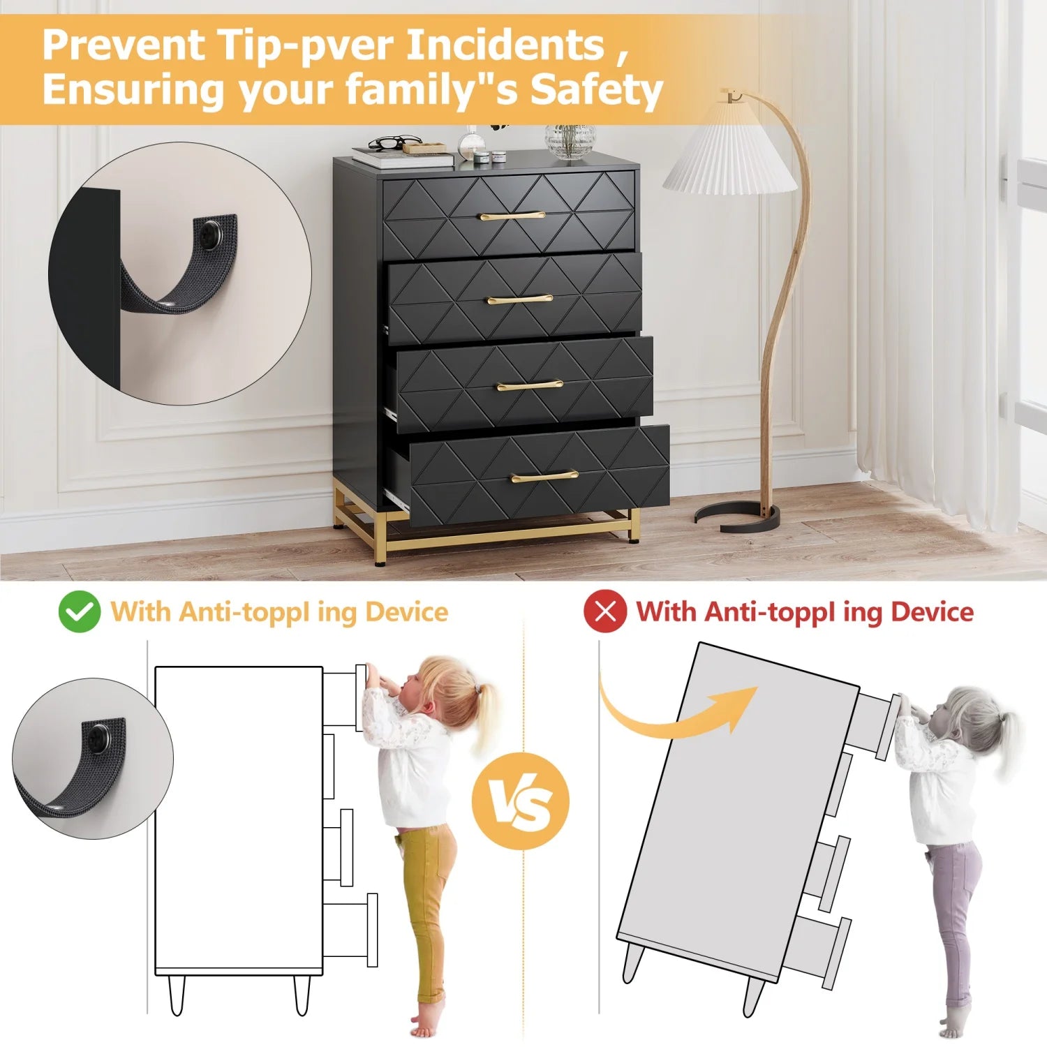 Wooden Dresser for Bedroom, Dressers & Chest of Drawers with 4 Drawer, Wood nightstand for Storage and Organization