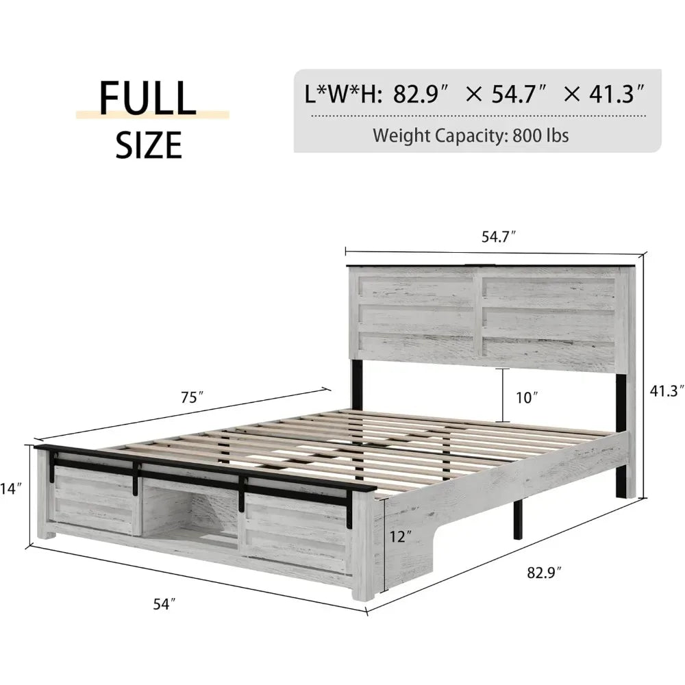 Full Size Boho Farmhouse Bed Frame with Headboard – Sliding Barn Door Footboard & Charging Station (White)