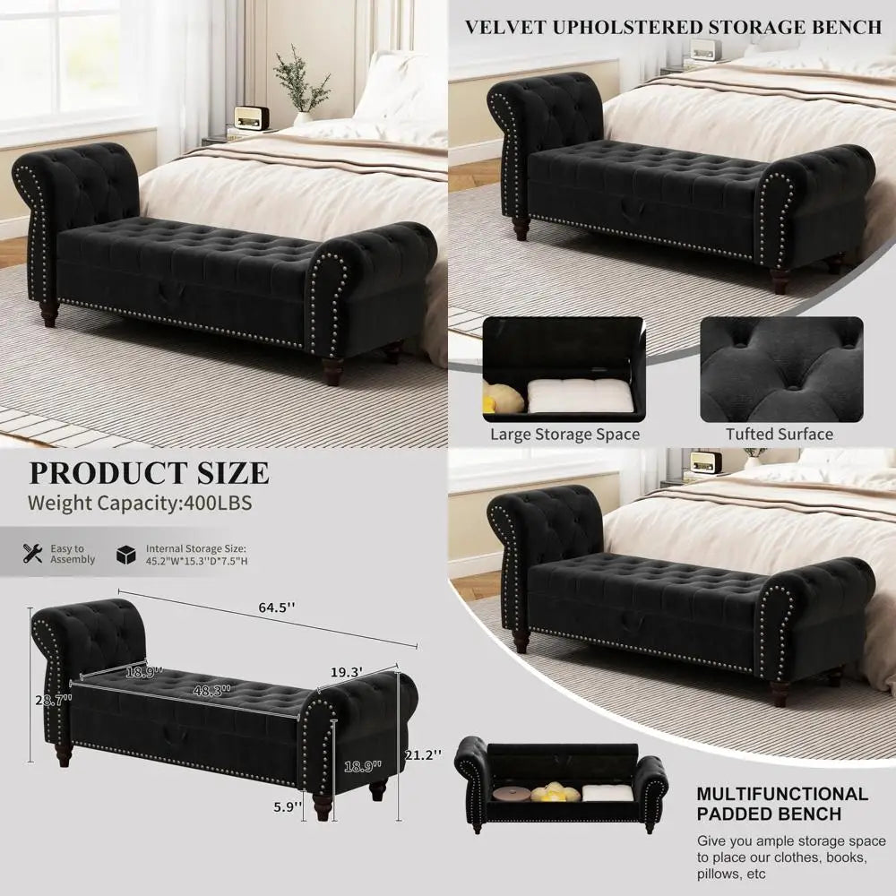 Mid-Century Velvet Storage Ottoman Bench – Black Tufted with Rolled Arms