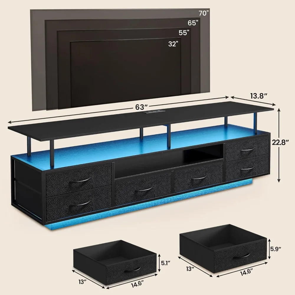 Entertainment Center for 65-70 Inch TVs with LED Lights, Power Outlets, Open Shelves & 6 Fabric Drawers