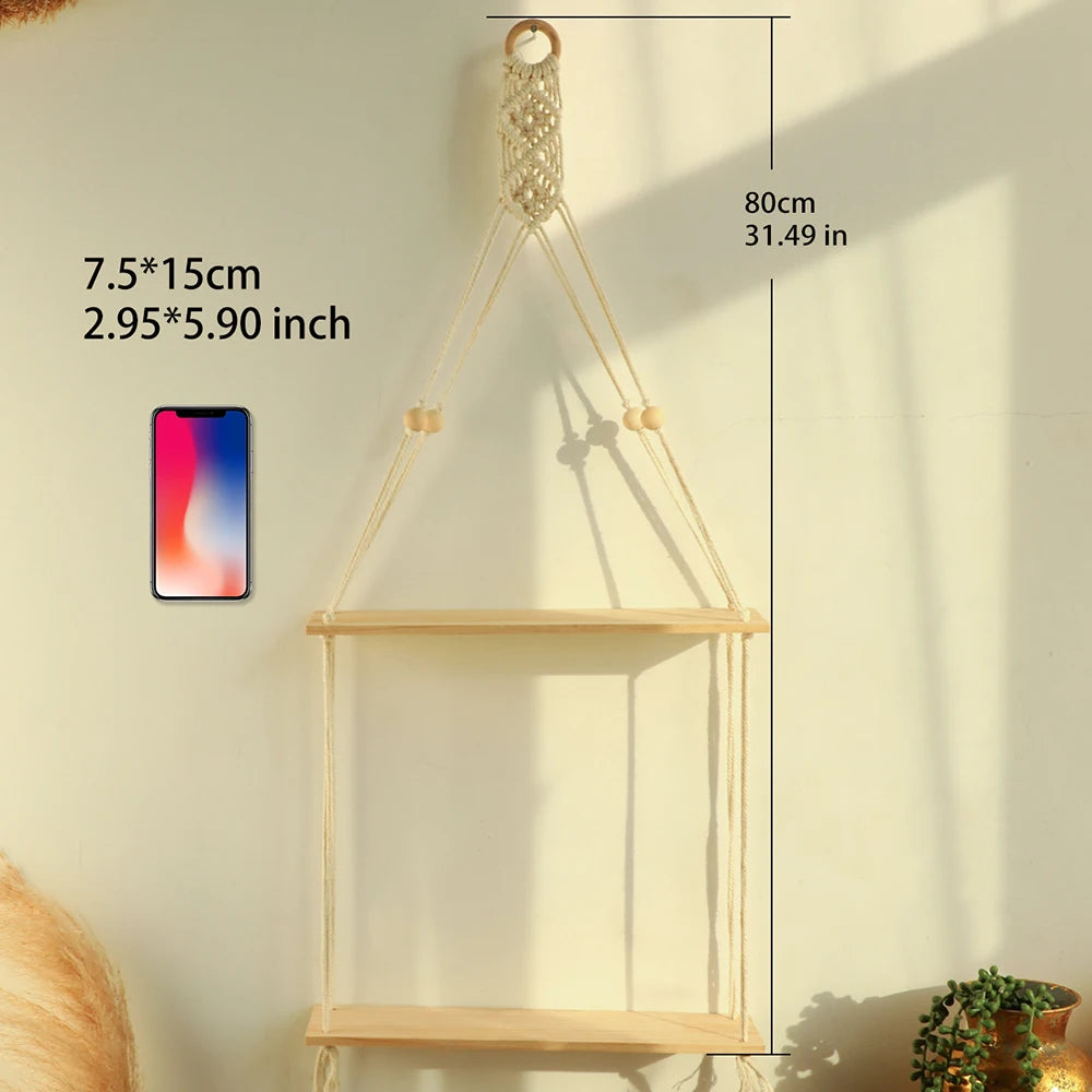 Macrame Hanging Shelf Wall Decor Handmade Rope Rustic Wood Floating Wall Shelf Display Stand Corner Wall Shelf For Photos Plant