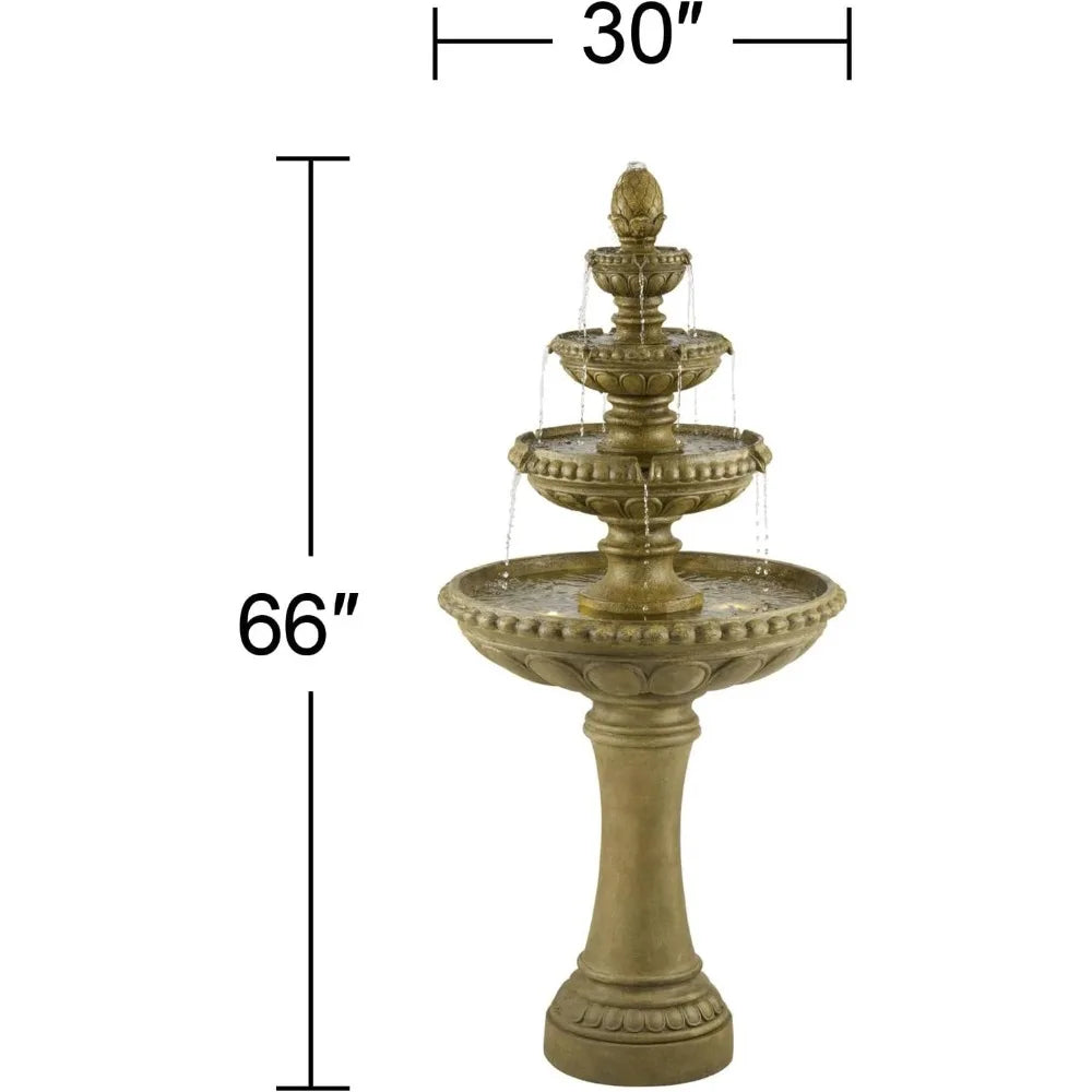 Sag Harbor 66 High Large Italian Outdoor Decor Sand Stone Floor Fountain with Light LED Waterfall 4-Tier Standing Basin Water