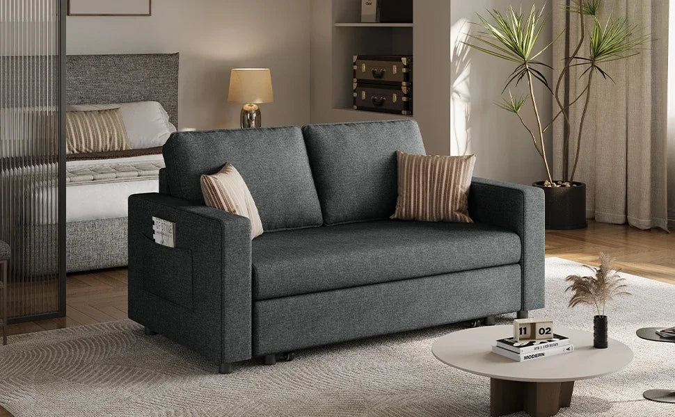 Pull-Out Trundle Bed Sleeper Sofa Convertible Couch for LimitedLiving Room Bedroom Guest Room Dark Gray 55.5 in