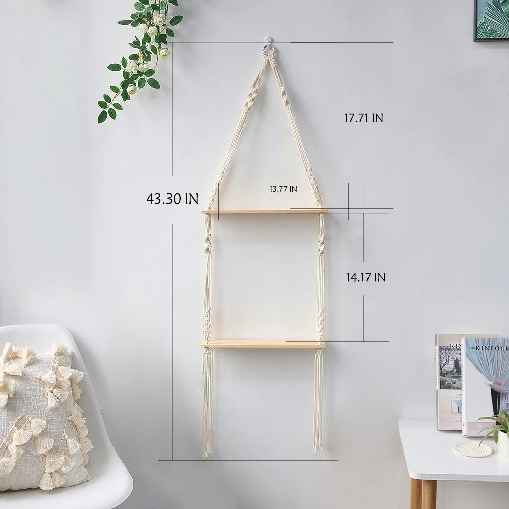 Wooden Wall Shelf Macrame Display Stand Boho Art Home Decoration Floating Shelf Nordic Wall Decor Living Room Nursery Aesthetics