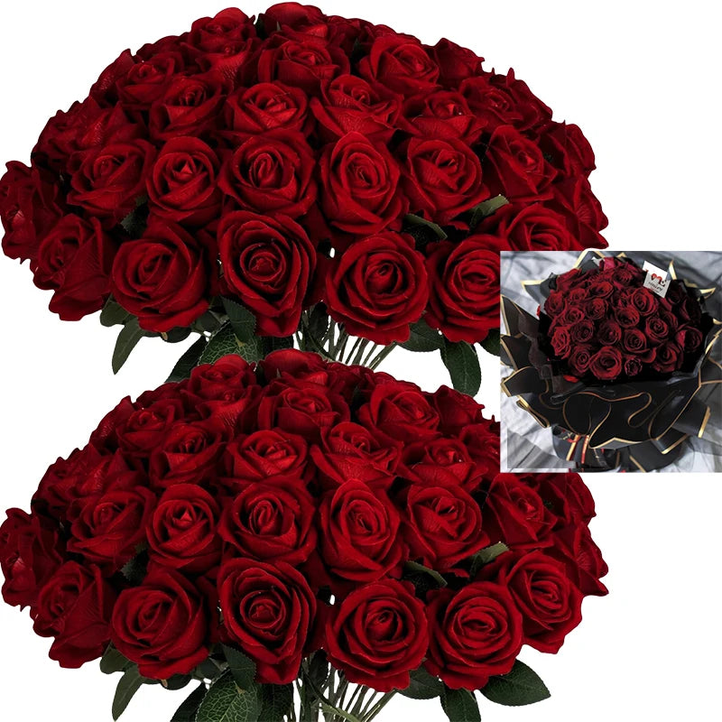 Red Roses Artificial Flowers Bulk Real Touch Velvet Roses Flowers for Wedding Centerpieces Bridal Bouquet Valentines Day Decor