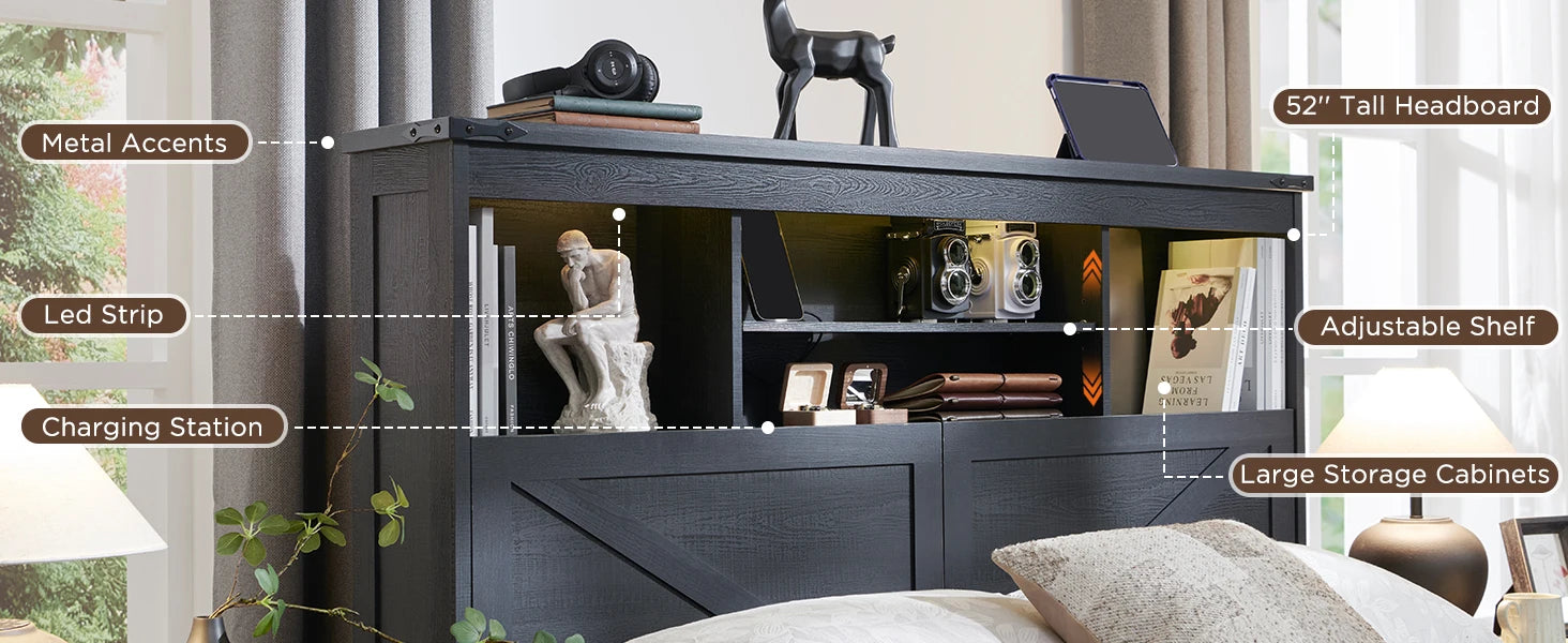 King Size Farmhouse Wood Bed Frame with Storage Bookcase Headboard, LED Light & Charging Station (Black)