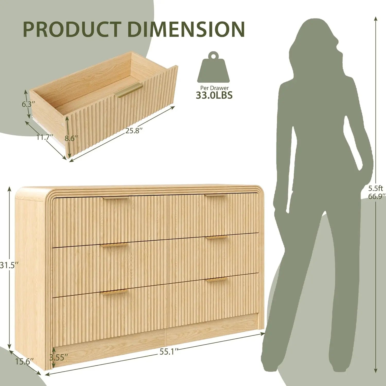 Fluted 6 Drawers Dresser for Bedroom,55'' Wide Wood Dressers with Gold Handles, Modern Dressers Wave Texture,Large Storage Chest